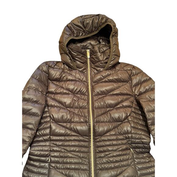 Calvin Klein Chocolate Brown Down Coat M Hooded Packable Puffer Quiet Luxury - Picture 13 of 13